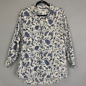 Rachel Zoe 100% Linen Blue White Floral Button Down Shirt Blouse Top Medium